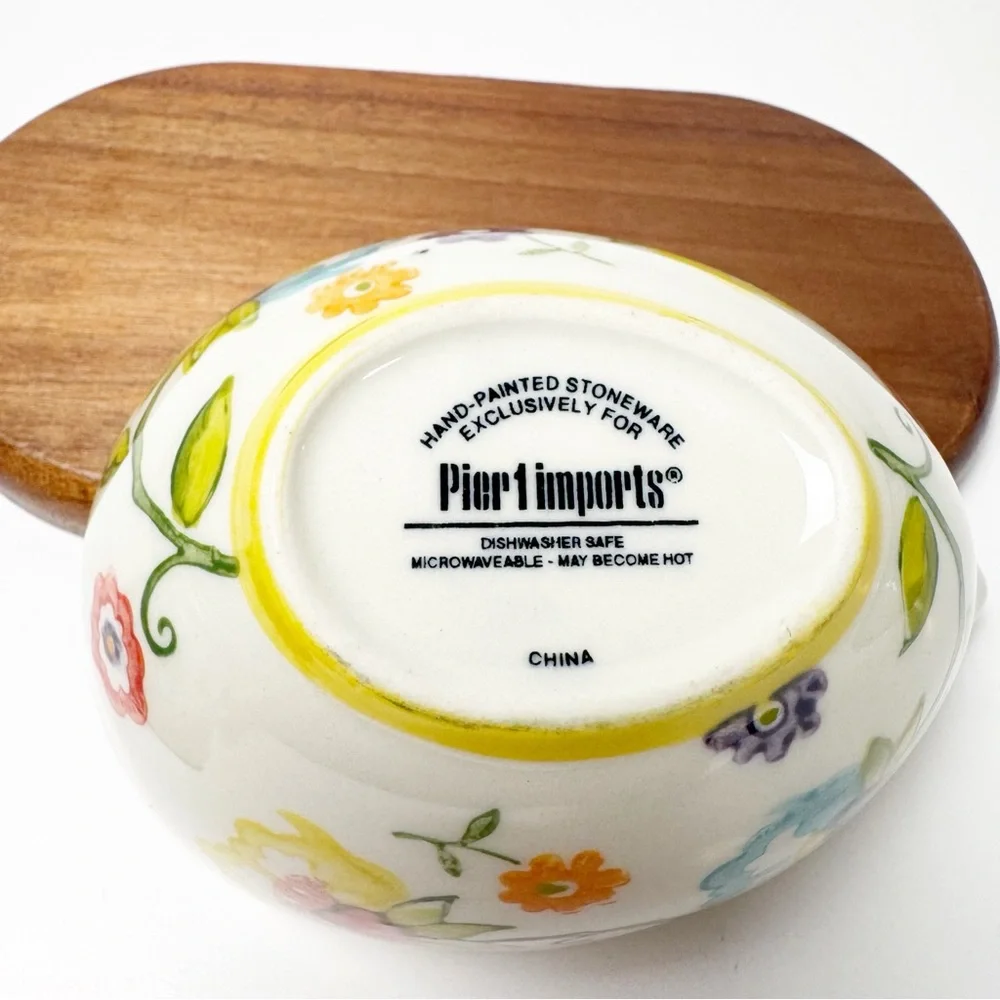 Pier 1 Hand Painted Floral Nesting Stoneware Measuring Cups Set of 2